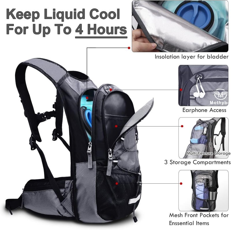 Mothybot Insulated Hydration Backpack Pack with 3L BPA Free Leak Proof Water Bladder, Large Storage Lightweight Hiking Daypack with Waist Pouches & Cooler Layer, for Running, Biking, Camping, Festival - Image 4